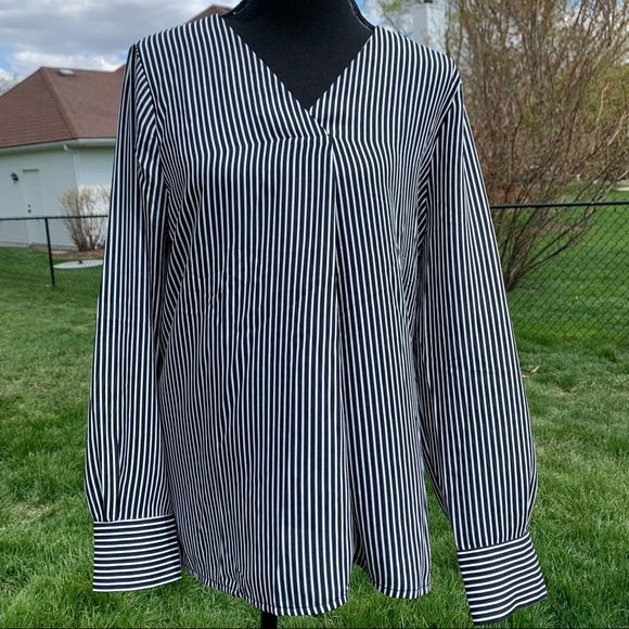 Ann Taylor Factory M Navy Stripe LS Blouse - Picture 2 of 12